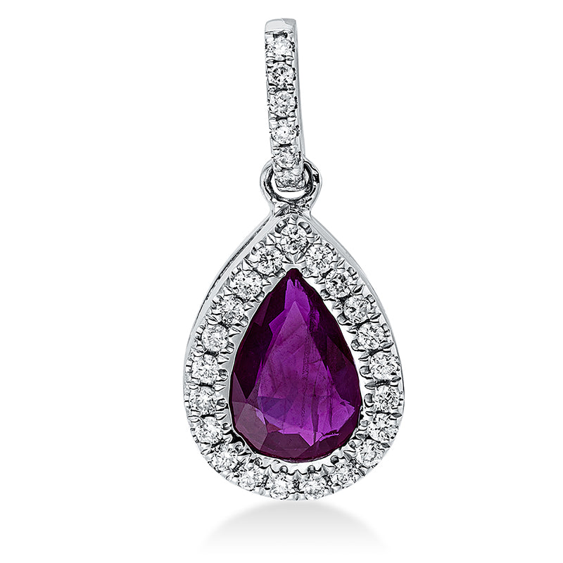 Anhänger 18 kt WG. mit Öse. 27 Brillanten 0.11 ct. TW-si. Rubin 0.77 ct rot. H:16.5 mm. B:7.6 mm. S:4.1 mm