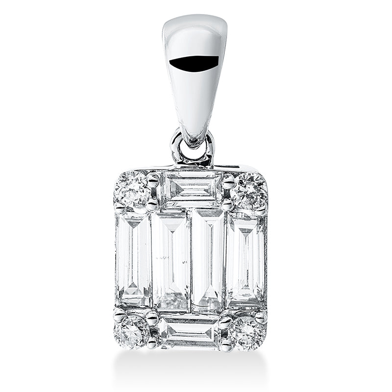 Anhänger 18 kt WG. mit Öse. 4 Baguette 0.25 ct. TW-vsi/si. 2 Baguette 0.07 ct. TW-vsi/si. 4 Brillanten 0.06 ct. TW-si. H:13.5 mm. B:6.2 mm. S:3.6 mm