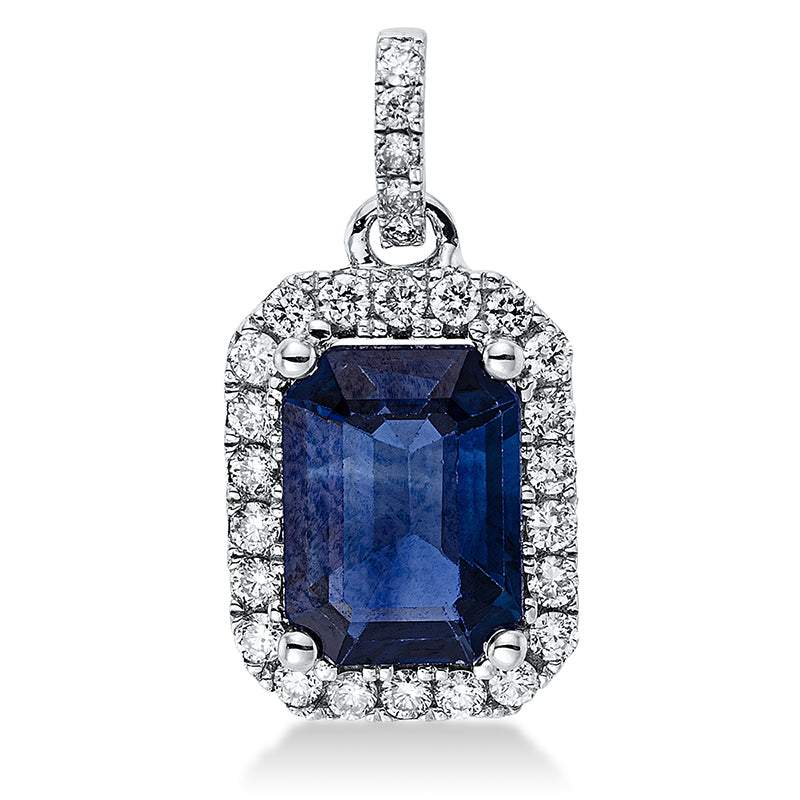Anhänger 4er-Krappe 18 kt WG. mit Öse. 27 Brillanten 0.14 ct. TW-si. 1 Saphir 1.05 ct blau. H:14.6 mm. B:7.3 mm. S:3.6 mm