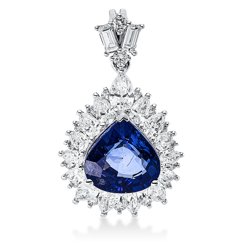 Anhänger 18 kt WG. mit Öse. 2 Baguette 0.17 ct. TW-si. 15 Tropfen 1.41 ct. TW-si. 17 Brillanten 0.22 ct. TW-si. 1 Saphir 4.13 ct blau