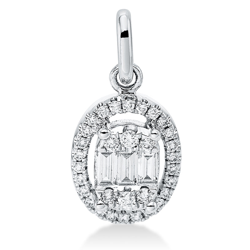 Anhänger 18 kt WG Oval. mit Öse. 3 Baguette 0.14 ct. TW-si. 32 Brillanten 0.11 ct. TW-si
