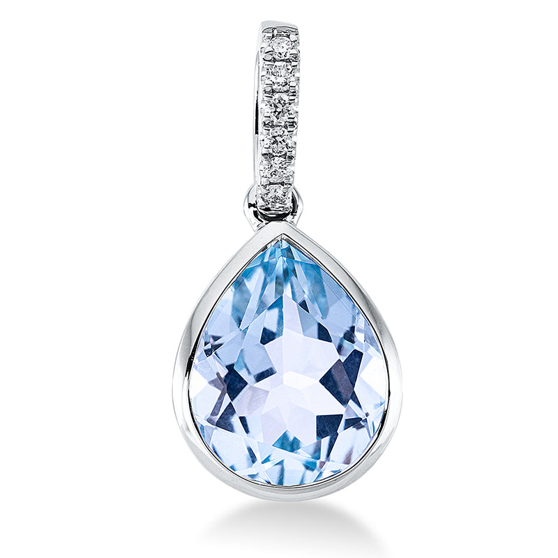 Anhänger 18 kt WG. mit Öse. 6 Brillanten 0.04 ct. TW-si. 1 Topas 3.10 ct sky blue. H:18.5 mm. B:8.8 mm. S:4.8 mm