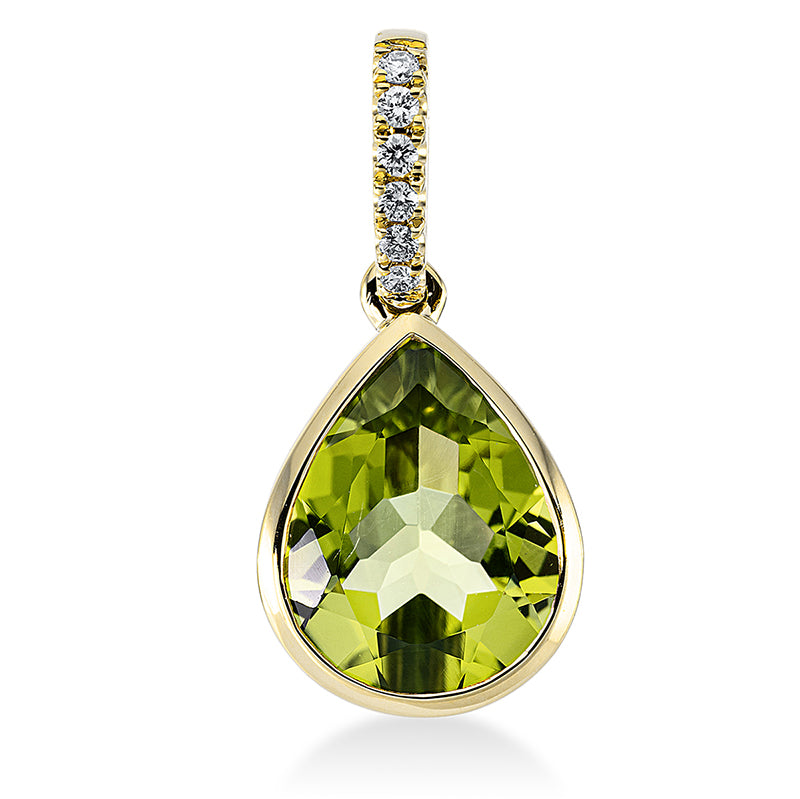 Anhänger 18 kt GG. mit Öse. 6 Brillanten 0.04 ct. TW-si. 1 Peridot 2.70 ct grün. H:18.5 mm. B:8.8 mm. S:4.8 mm