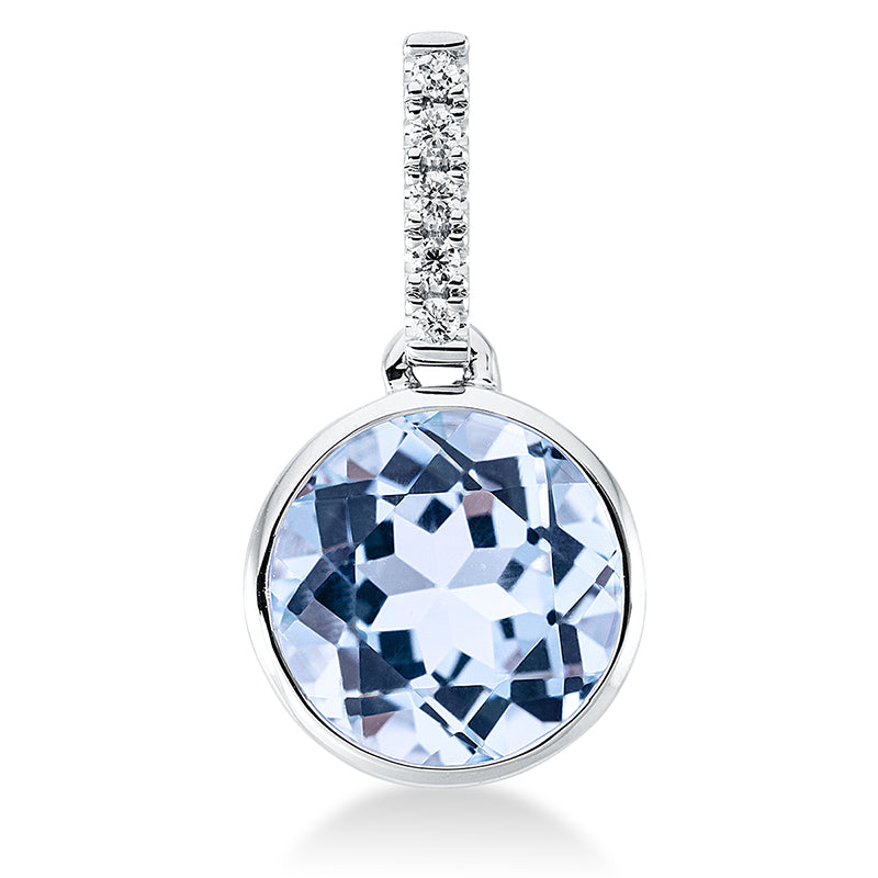 Anhänger 18 kt WG. mit Öse. 5 Brillanten 0.04 ct. TW-si. 1 Topas 2.50 ct sky blue. H:16.5 mm. B:8.9 mm. S:5.3 mm