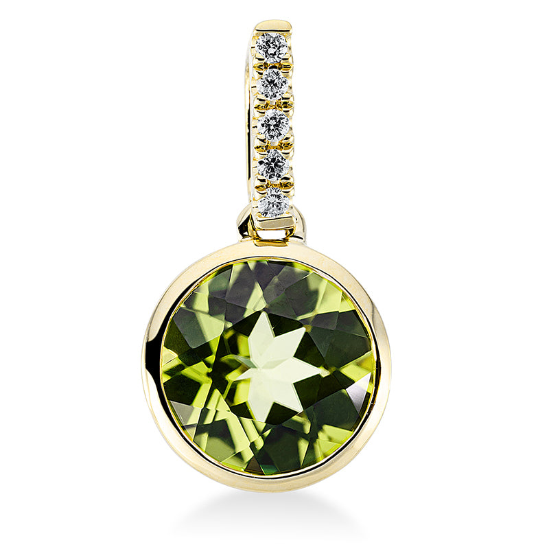 Anhänger 18 kt GG. mit Öse. 5 Brillanten 0.04 ct. TW-si. 1 Peridot 2.40 ct grün. H:16.5 mm. B:8.9 mm. S:5.3 mm