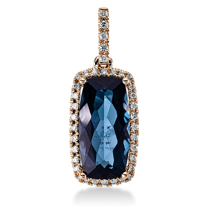 Anhänger 4er-Krappe 18 kt RG. mit Öse. 37 Brillanten 0.17 ct. TW-si. 1 Topas 5.30 ct Lond. blue. H:24.5 mm. B:9.5 mm. S:5.2 mm