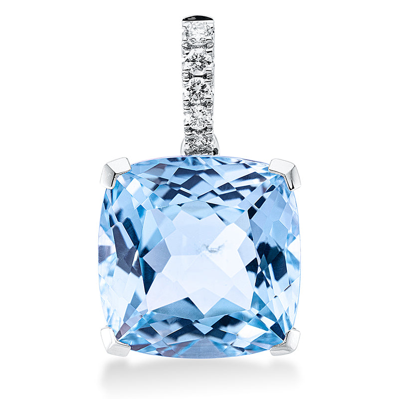 Anhänger 4er-Krappe 18 kt WG. mit Öse. 5 Brillanten 0.09 ct. TW-si. 1 Topas 10.60 ct sky blue. H:20.2 mm. B:12.0 mm. S:6.9 mm