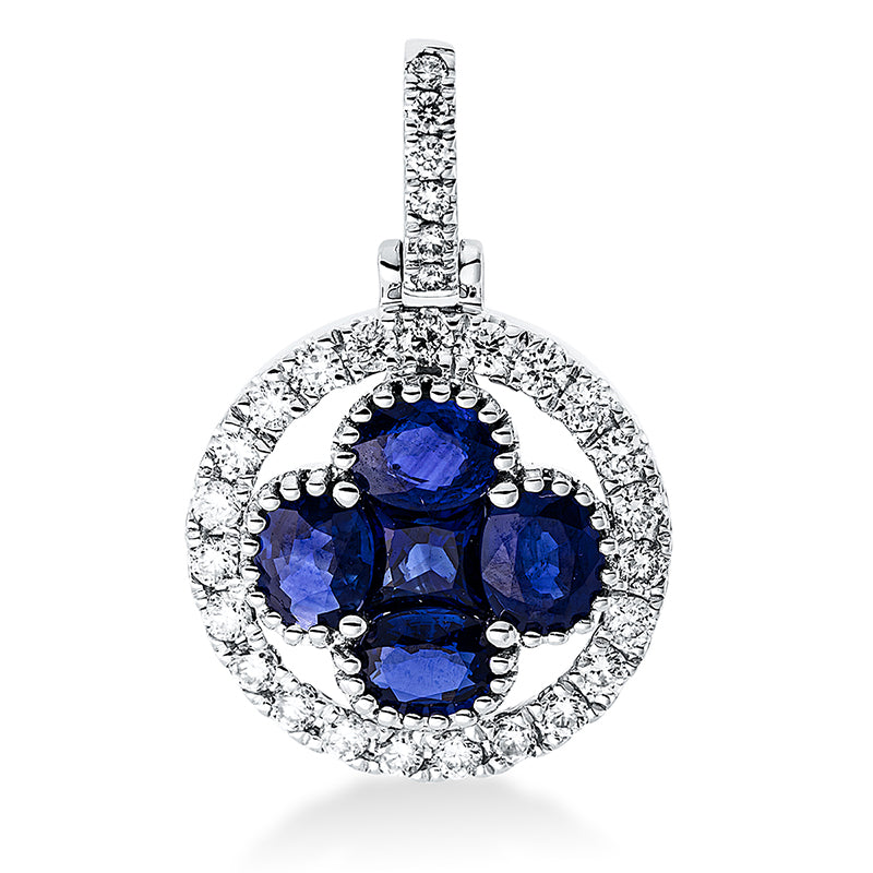 Anhänger 18 kt WG, mit Öse, 29 Brill. 0,25 ct, TW-si, 1 Saphir 0,27 ct blau, 4 Saphire 0,85 ct blau