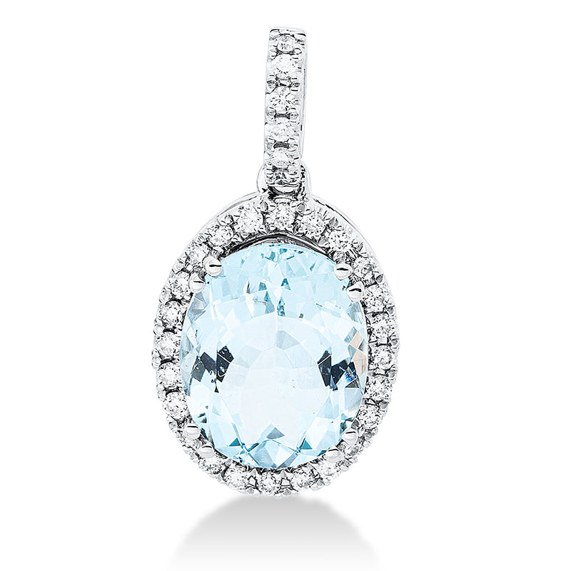 Anhänger 18 kt WG, mit Öse, 30 Brill. 0,20 ct, TW-si, 1 Aquamarin 2,60 ct blau