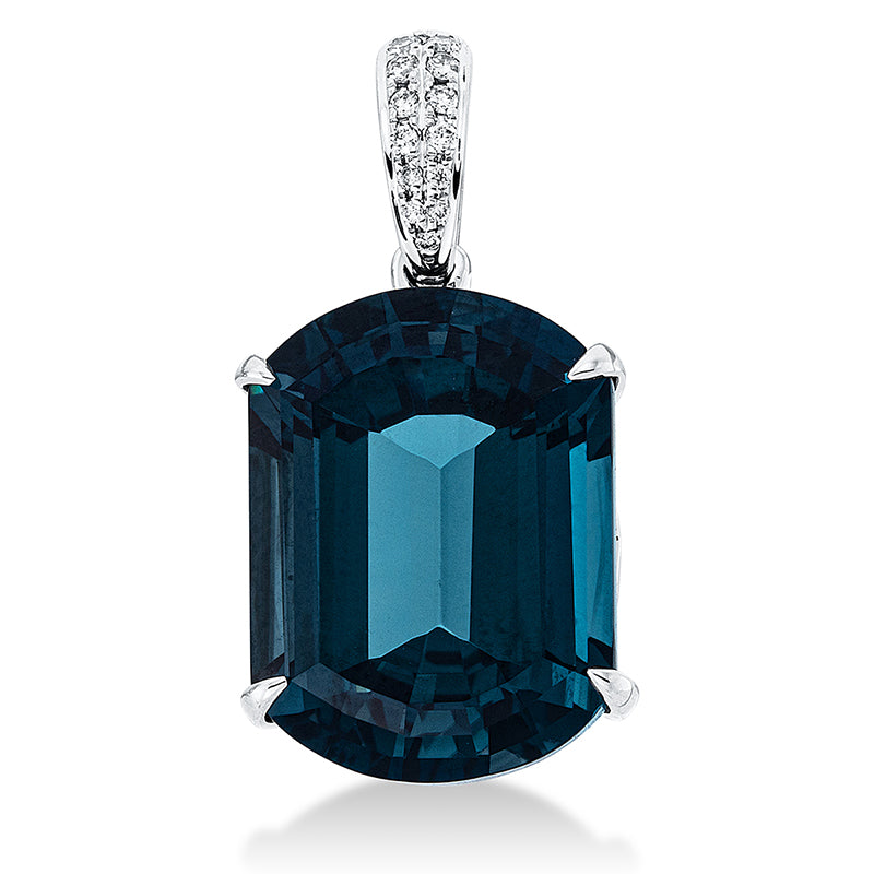 Anhänger 18 kt WG, mit Öse, 13 Brill. 0,06 ct, TW-si, 1 Topas 11,60 ct Lond. blue
