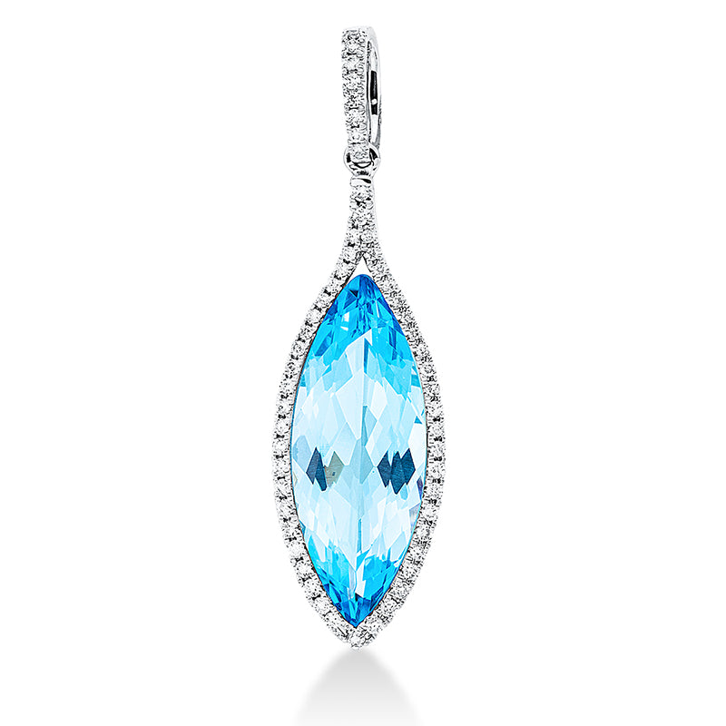 Anhänger 18 kt WG. mit Öse. 55 Brillanten 0.24 ct. TW-si. 1 Topas 6.40 ct blau