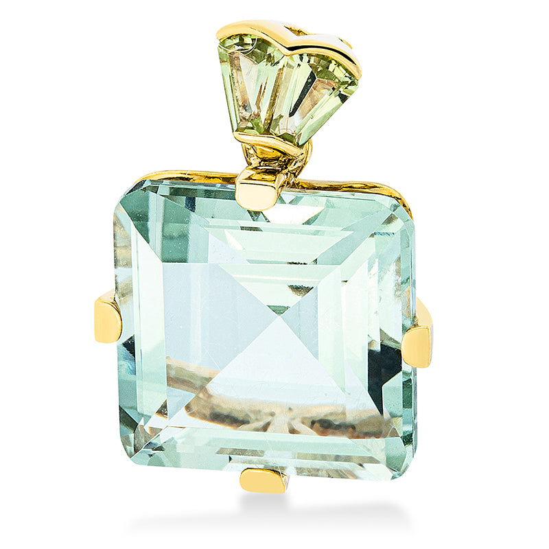 Anhänger 18 kt GG, 1 Amethyst 8,40 ct grün, 2 Peridot 0,40 ct grün