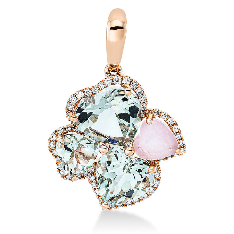 Anhänger 18 kt RG. mit Öse. 53 Brillanten 0.23 ct. TW-si. 3 Amethyste 5.30 ct grün. 1 Rosenquarz 0.80 ct rosa