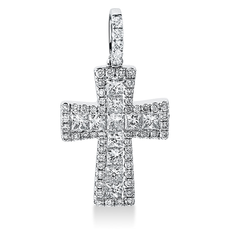 Anhänger 18 kt WG Kreuz. mit Öse. 11 Princ. 0.93 ct. TW-vsi. 57 Brillanten 0.42 ct. TW-si. H:28.0 mm. B:14.7 mm. S:2.4 mm