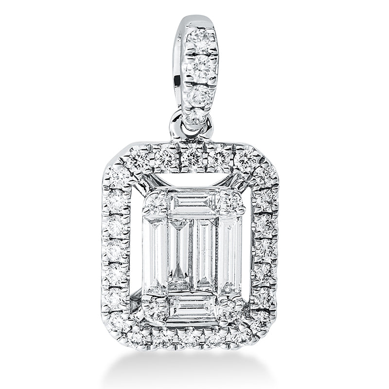 Anhänger 18 kt WG, mit Öse, 4 Bag. 0,18 ct, TW-vsi, 2 Bag. 0,06 ct, TW-vsi, 32 Brill. 0,23 ct, TW-si