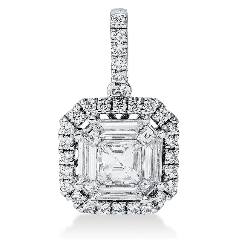Anhänger 18 kt WG, 4 Princ. 0,09 ct, TW-vsi, 4 Bag. 0,25 ct, TW-vsi, 1 Sm.schliff 0,28 ct, TW-vsi, 30 Brill. 0,17 ct, TW-si