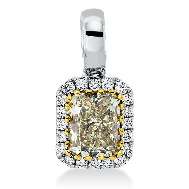 Anhänger 18 kt WG+GG. 20 Brillanten 0.10 ct. TW-si. 1 Sm.schliff 1.01 ct. gelb. H:14.0 mm. B:6.8 mm. S:4.6 mm