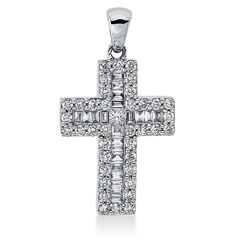Anhänger 18 kt WG Kreuz. mit Öse. 21 Baguette 0.17 ct. TW-si. 1 Princ. 0.04 ct. TW-si. 38 Brillanten 0.33 ct. TW-si. H:23.3 mm. B:13.1 mm. S:2.2 mm