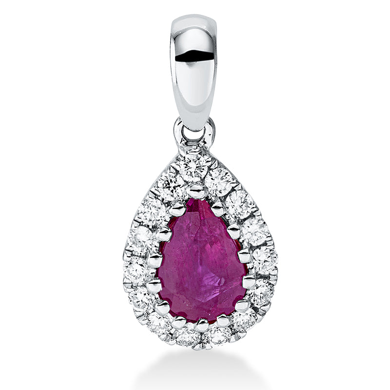 Anhänger 18 kt WG, mit Öse, 15 Brill. 0,11 ct, TW-si, 1 Rubin 0,43 ct rot