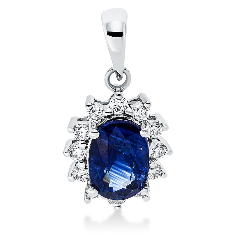Anhänger 18 kt WG, 12 Brill. 0,14 ct, TW-si, 1 Saphir 1,05 ct blau