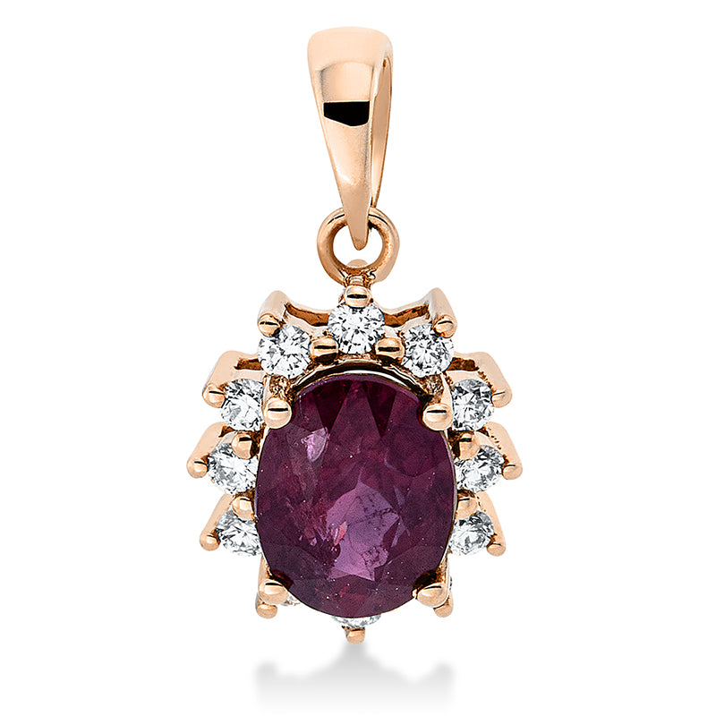 Anhänger 18 kt RG, 12 Brill. 0,14 ct, TW-si, 1 Rubin 1,24 ct rot