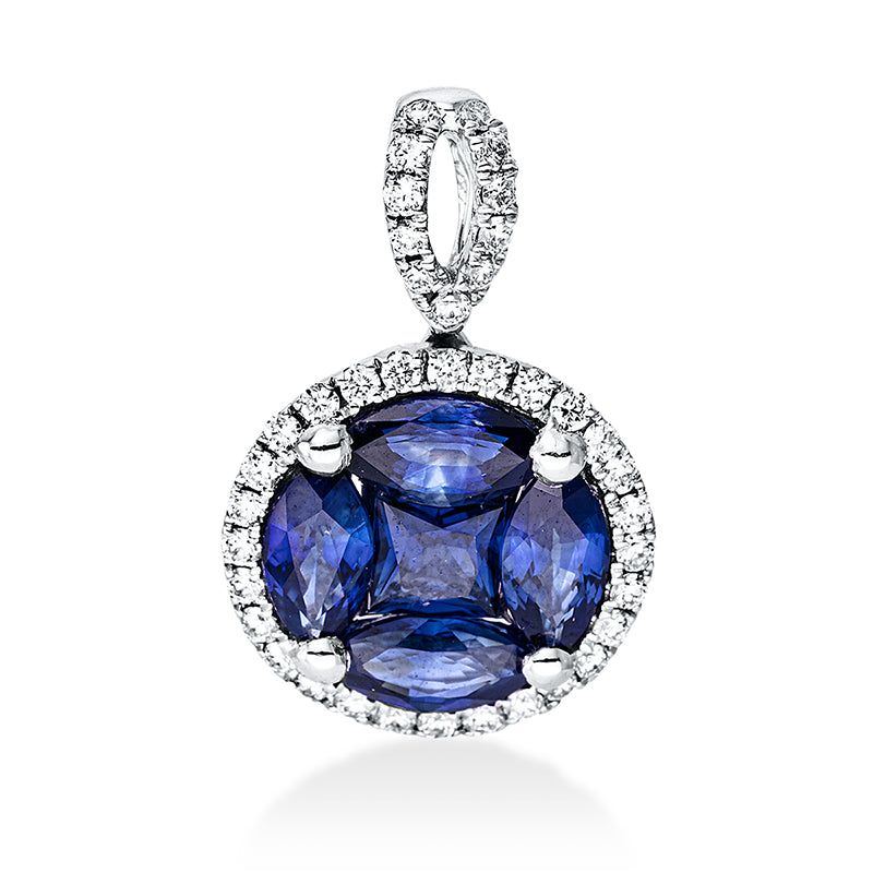Anhänger 18 kt WG, mit Öse, 39 Brill. 0,19 ct, TW-si, 1 Saphir 0,23 ct blau, 4 Saphire 1,09 ct blau