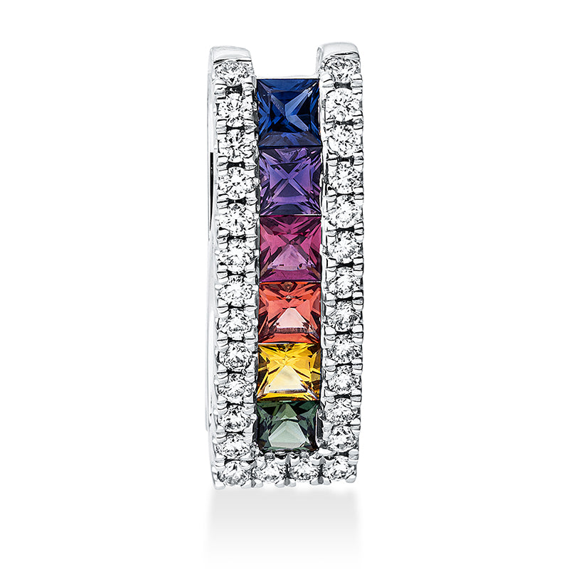 Anhänger 18 kt WG. 28 Brillanten 0.21 ct. TW-si. 6 Saphire 0.61 ct fancy. H:17.0 mm. B:5.5 mm. S:4.8 mm