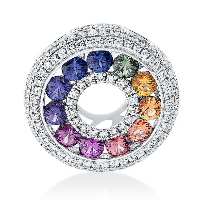 Anhänger 18 kt WG, 144 Brill. 0,64 ct, TW-si, 11 Saphire 1,12 ct fancy