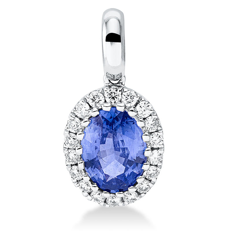 Anhänger 18 kt WG, mit Öse, 18 Brill. 0,17 ct, TW-si, 1 Saphir 0,96 ct blau