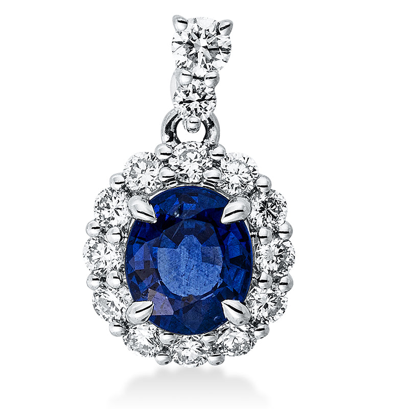 Anhänger 18 kt WG, 1 Brill. 0,06 ct, TW-si, 13 Brill. 0,31 ct, TW-si, 1 Saphir 0,92 ct blau