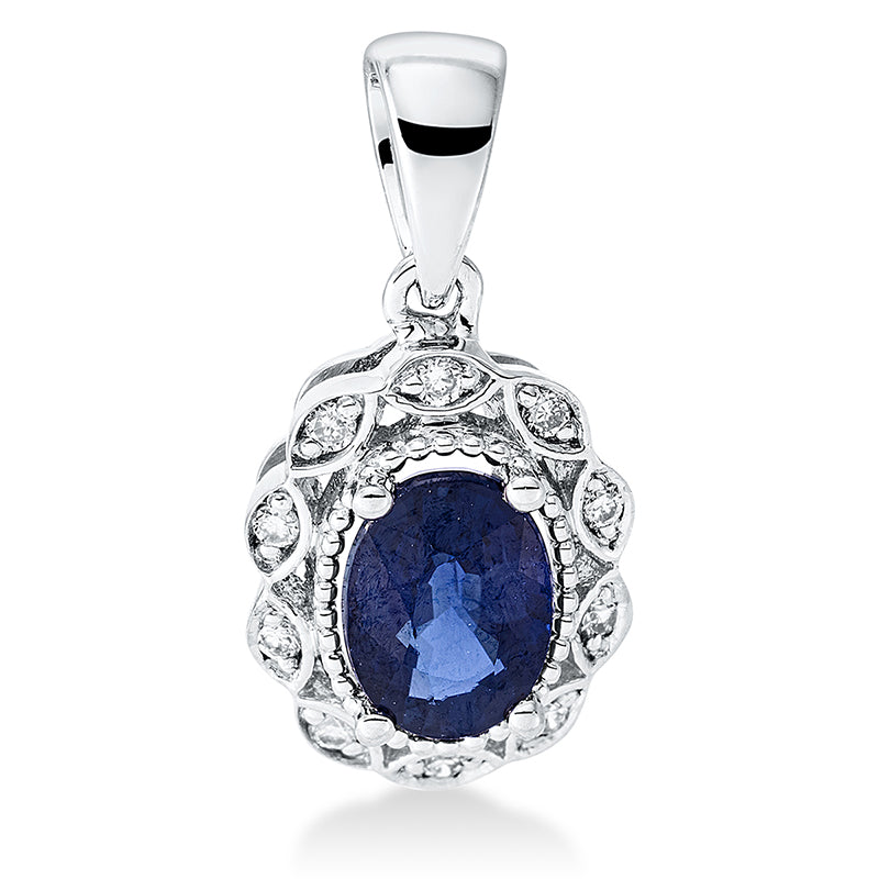 Anhänger 18 kt WG, mit Öse, 10 Brill. 0,04 ct, I-si, 1 Saphir 0,60 ct blau