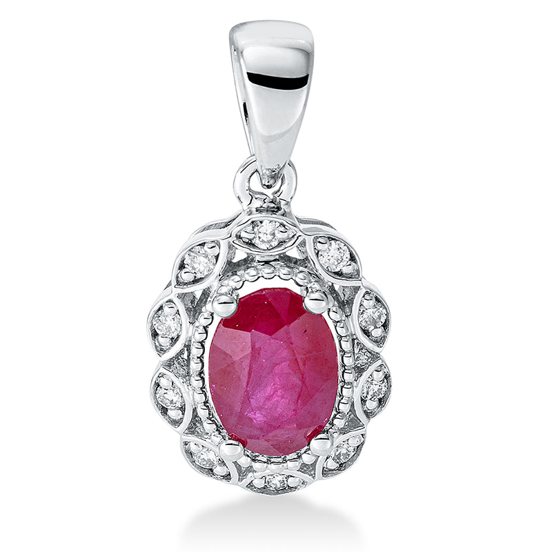 Anhänger 18 kt WG, mit Öse, 10 Brill. 0,04 ct, I-si, 1 Rubin 0,55 ct rot