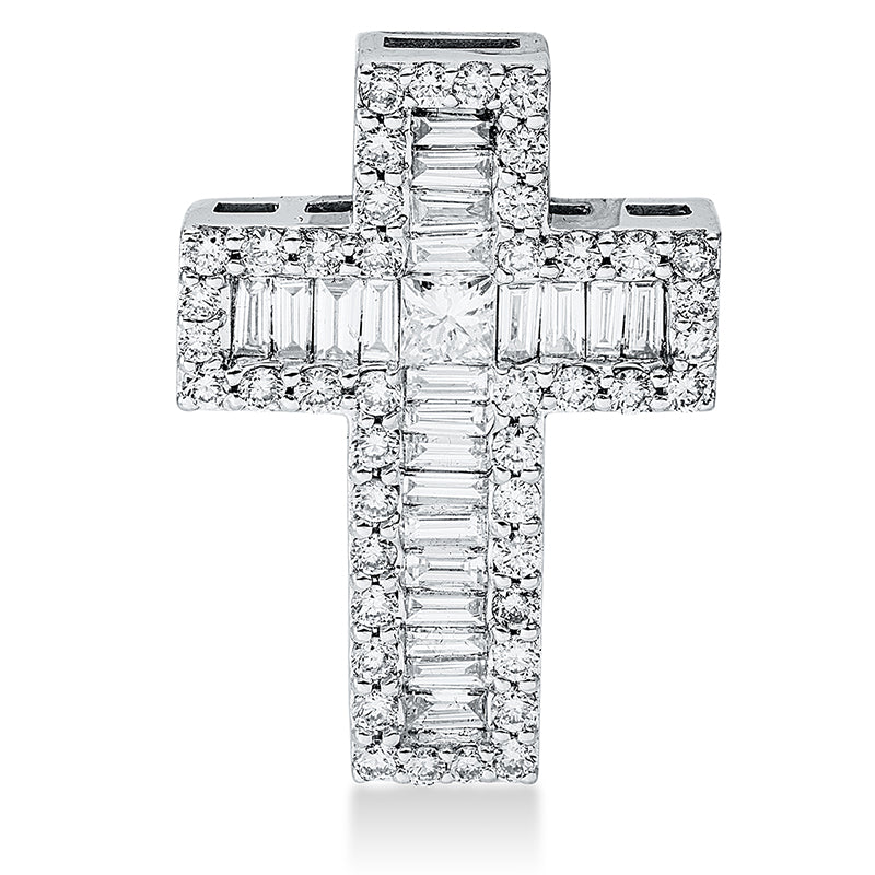 Anhänger 18 kt WG, mit Öse, 22 Bag. 0,35 ct, W-pi, 1 Princ. 0,08 ct, W-pi, 44 Brill. 0,32 ct, W-pi