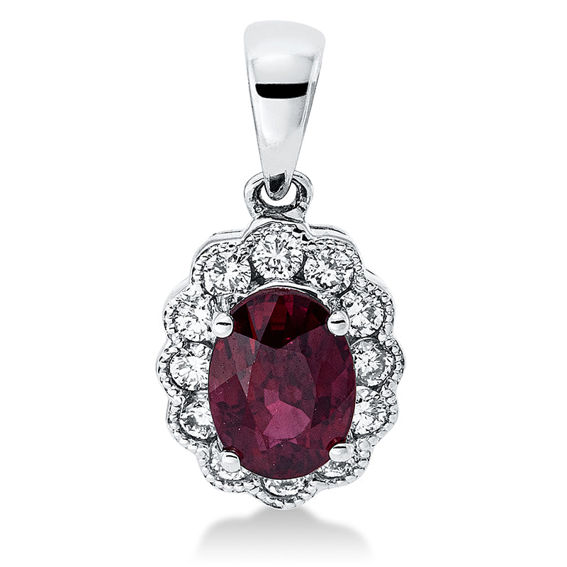 Anhänger 18 kt WG, mit Öse, 12 Brill. 0,21 ct, TW-pi, 1 Rubin 1,06 ct rot