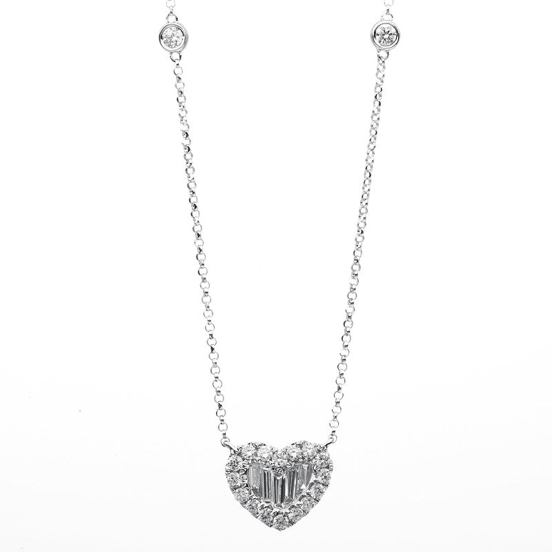 Collier 18 kt WG, mit ZÖ 38.1 cm + 40.6 cm, 4 Brill. 0,17 ct, TW-si, 5 Bag. 0,23 ct, TW-si, 16 Brill. 0,26 ct, TW-si