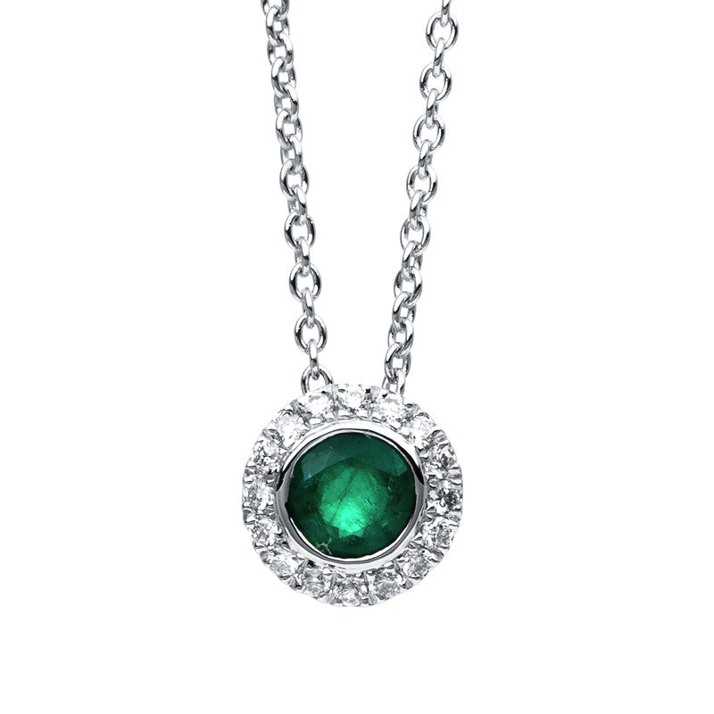 Collier 18 kt WG, 16 Brill. 0,09 ct, TW-si, 1 Smaragd 0,37 ct grün