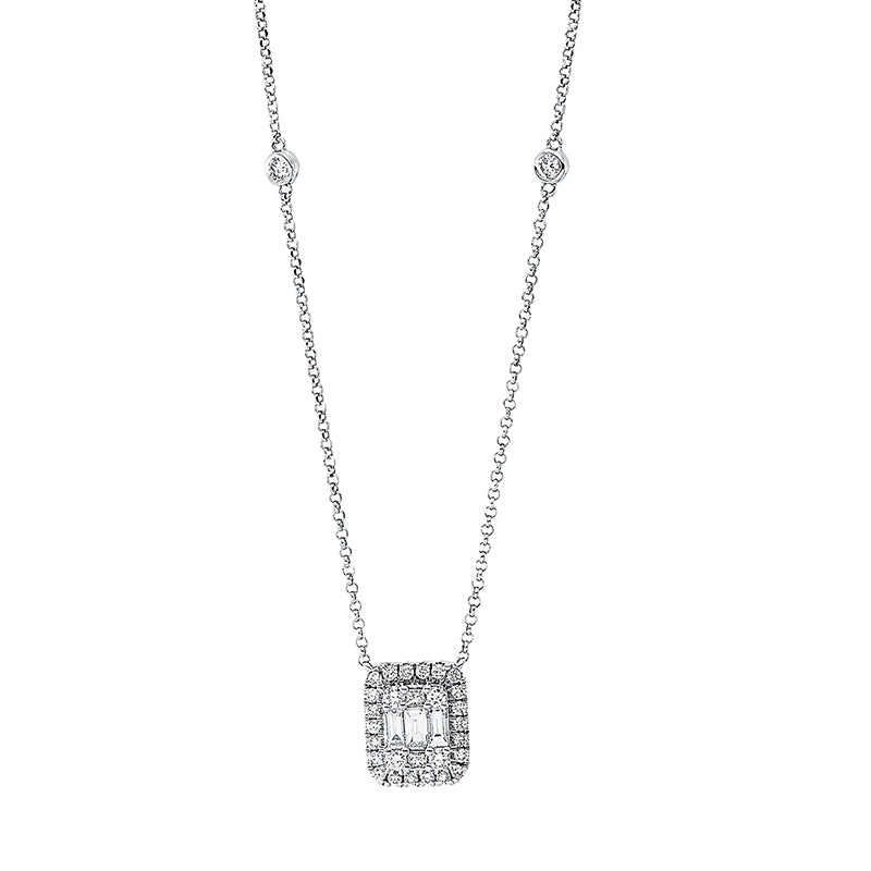 Collier 18 kt WG, mit ZÖ 38 cm + 41 cm, 2 Princ. 0,03 ct, TW-si, 3 Bag. 0,15 ct, TW-si, 28 Brill. 0,26 ct, TW-si