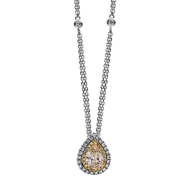 Collier 18 kt WG+GG. mit ZÖ 40 cm + 43 cm. 25 Brillanten 0.28 ct. TW-si. 1 Tropfen 1.03 ct. gelb. 21 Brillanten 0.10 ct. gelb. L:45.7 cm