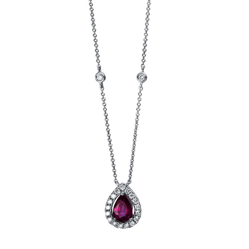 Collier 3er-Krappe 18 kt WG. 23 Brillanten 0.31 ct. TW-si. 1 Rubin 0.69 ct rot. L:45.5 cm