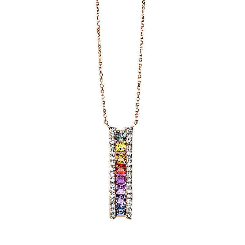 Collier 18 kt RG, 34 Brill. 0,23 ct, TW-si, 1 Rubin 0,10 ct rot, 7 Saphire 0,76 ct fancy