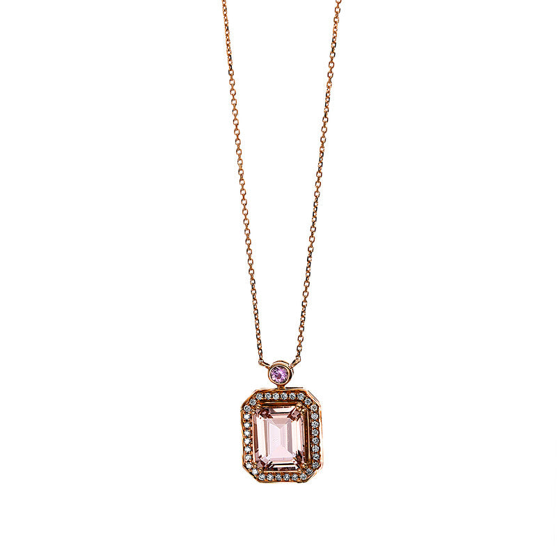 Collier 18 kt RG, 32 Brill. 0,12 ct, TW-si, 1 Morganit 1,81 ct rosé, 1 Saphir 0,08 ct pink