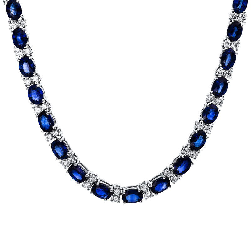 Collier 18 kt WG, 88 Brill. 7,12 ct, TW-vsi/si, 44 Saphire 41,34 ct blau