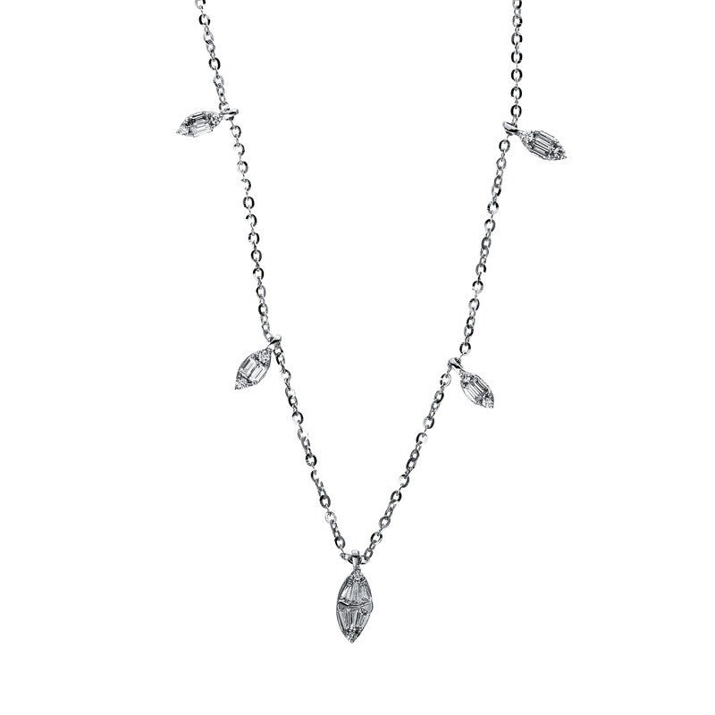 Collier 18 kt WG, 6 Trap. 0,10 ct, TW-si, 8 Bag. 0,15 ct, TW-si, 10 Brill. 0,08 ct, TW-si