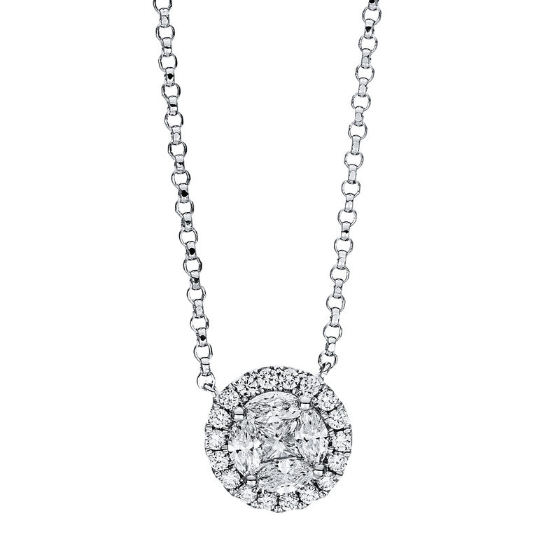 Collier 18 kt WG, mit ZÖ 38 cm + 40.6 cm, 1 Princ. 0,15 ct, 4 Nav. 0,37 ct, 20 Brill. 0,30 ct, TW-si