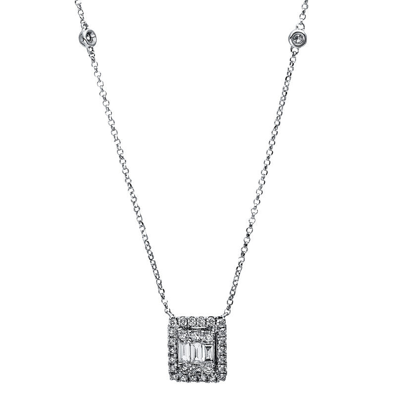 Collier 18 kt WG, mit ZÖ 38 cm + 40.6 cm, 3 Bag. 0,16 ct, TW-si, 2 Princ. 0,04 ct, TW-si, 28 Brill. 0,28 ct, TW-si