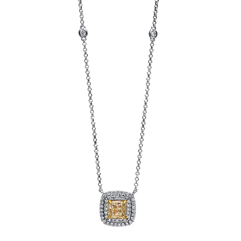 Collier 18 kt WG, 50 Brill. 0,16 ct, TW-si, 1 Cushion 0,69 ct, gelb