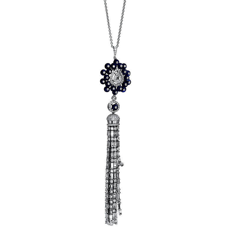 Collier 18 kt WG, 81 Bag. 2,32 ct, TW-vsi/si, 20 Trap. 0,33 ct, TW-vsi/si, 3 Nav. 0,16 ct, TW-vsi/si, 1 Princ. 0,03 ct, TW-vsi/si, 9 Tropfen 0,47 ct, TW-vsi/si, 232 Brill. 2,07 ct, TW-vsi/si, 21 Saphi