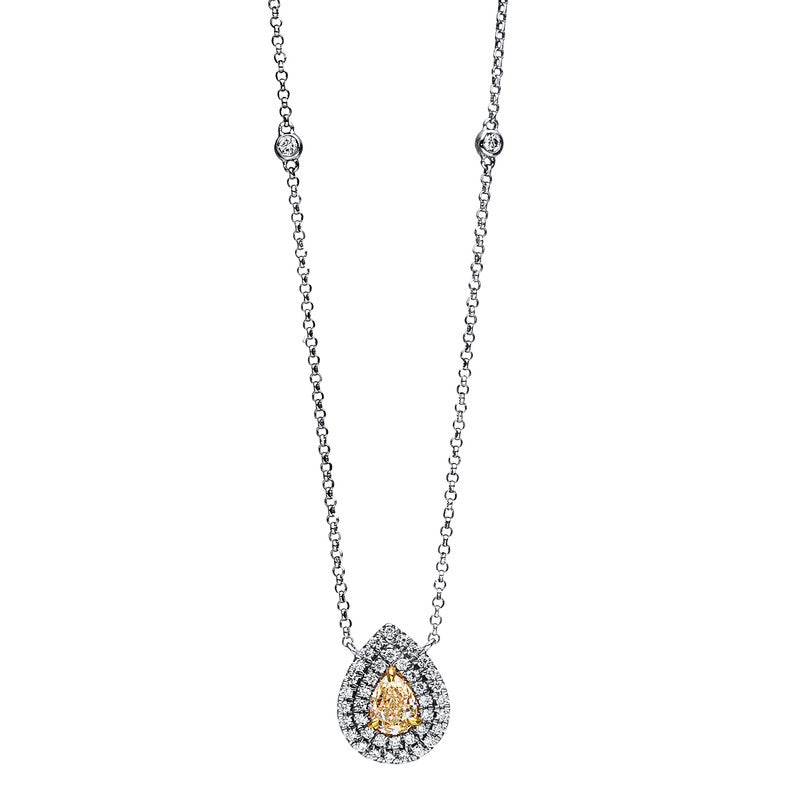 Collier 18 kt WG Tropfen. 41 Brillanten 0.19 ct. TW-si. 1 Tropfen 0.41 ct. gelb. H:11.5 mm. B:9.2 mm. L:43.2 cm