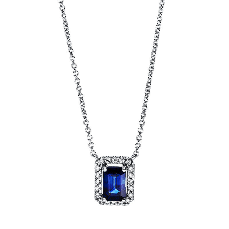 Collier 18 kt WG, mit ZÖ 40 cm + 43 cm, 20 Brill. 0,10 ct, TW-si, 1 Saphir 0,66 ct blau