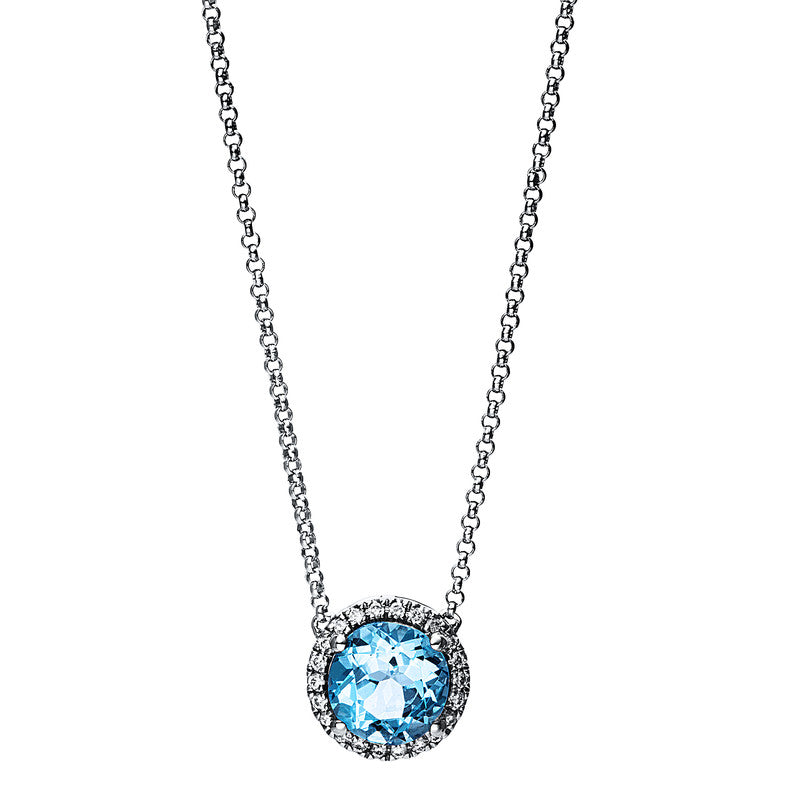 Collier 4er-Krappe 18 kt WG. mit ZÖ 40 cm. 22 Brillanten 0.10 ct. TW-si. 1 Topas 1.70 ct blau. H:9.2 mm. B:9.2 mm. L:43.2 cm